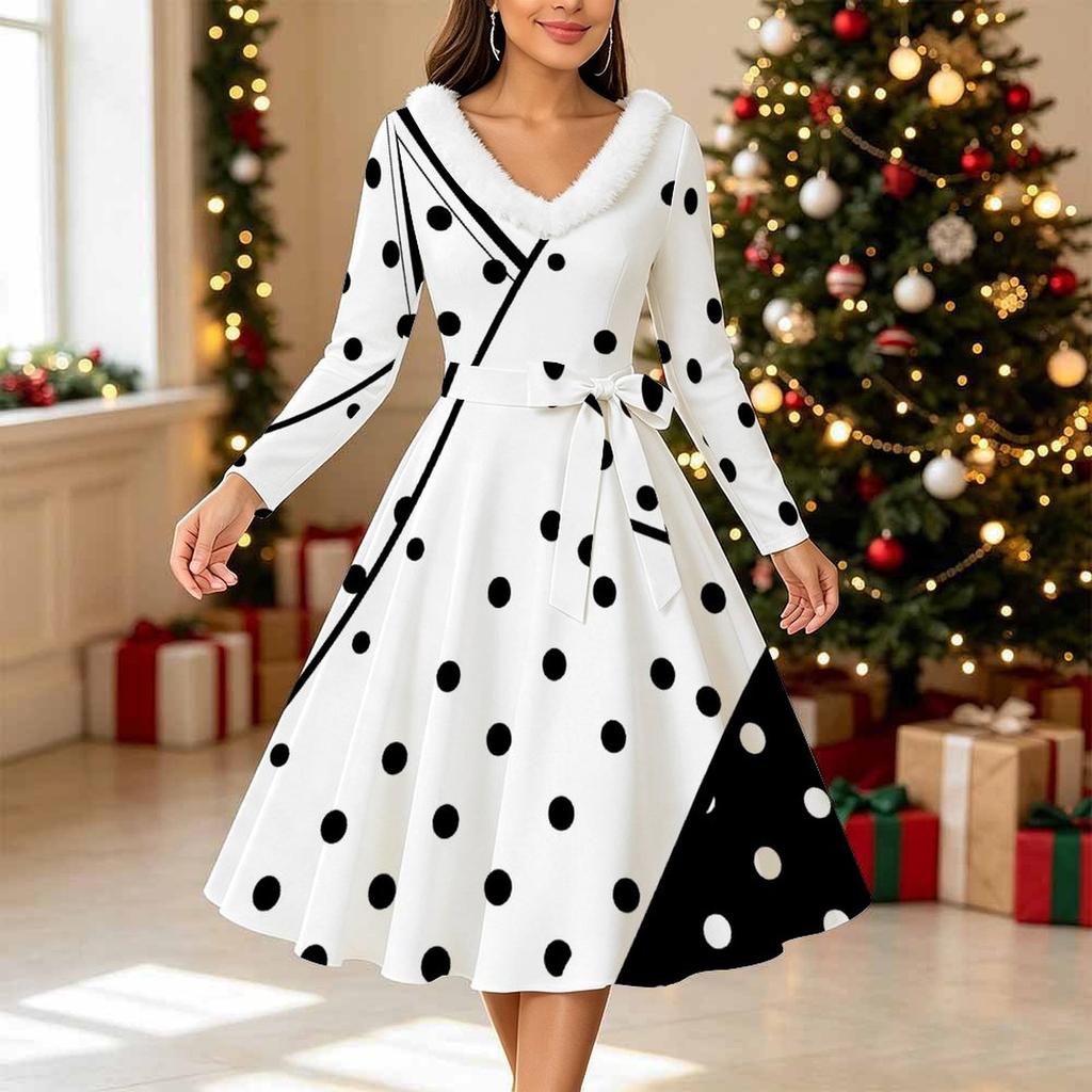 Women Geometric Pattern Print Midi Dress, Long Sleeve V‑Neck Furry Trim A‑Line Party Dress, Christmas Limited Edition