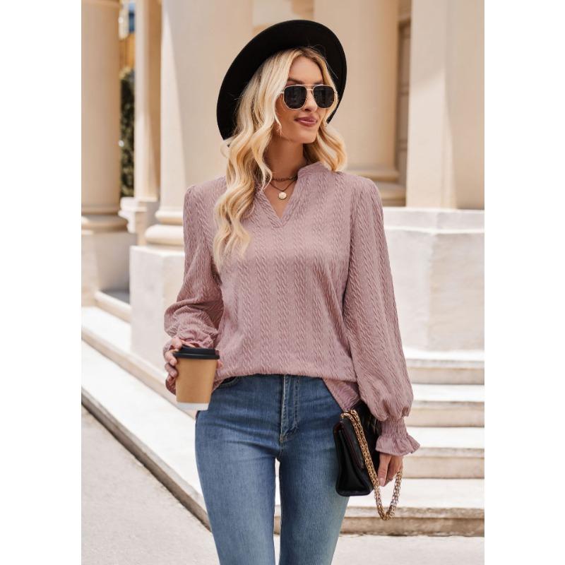 Autumn and Winter Women's Blouse Solid Color Knitted Jacquard Long-sleeved T-shirt Twist V-neck Tops