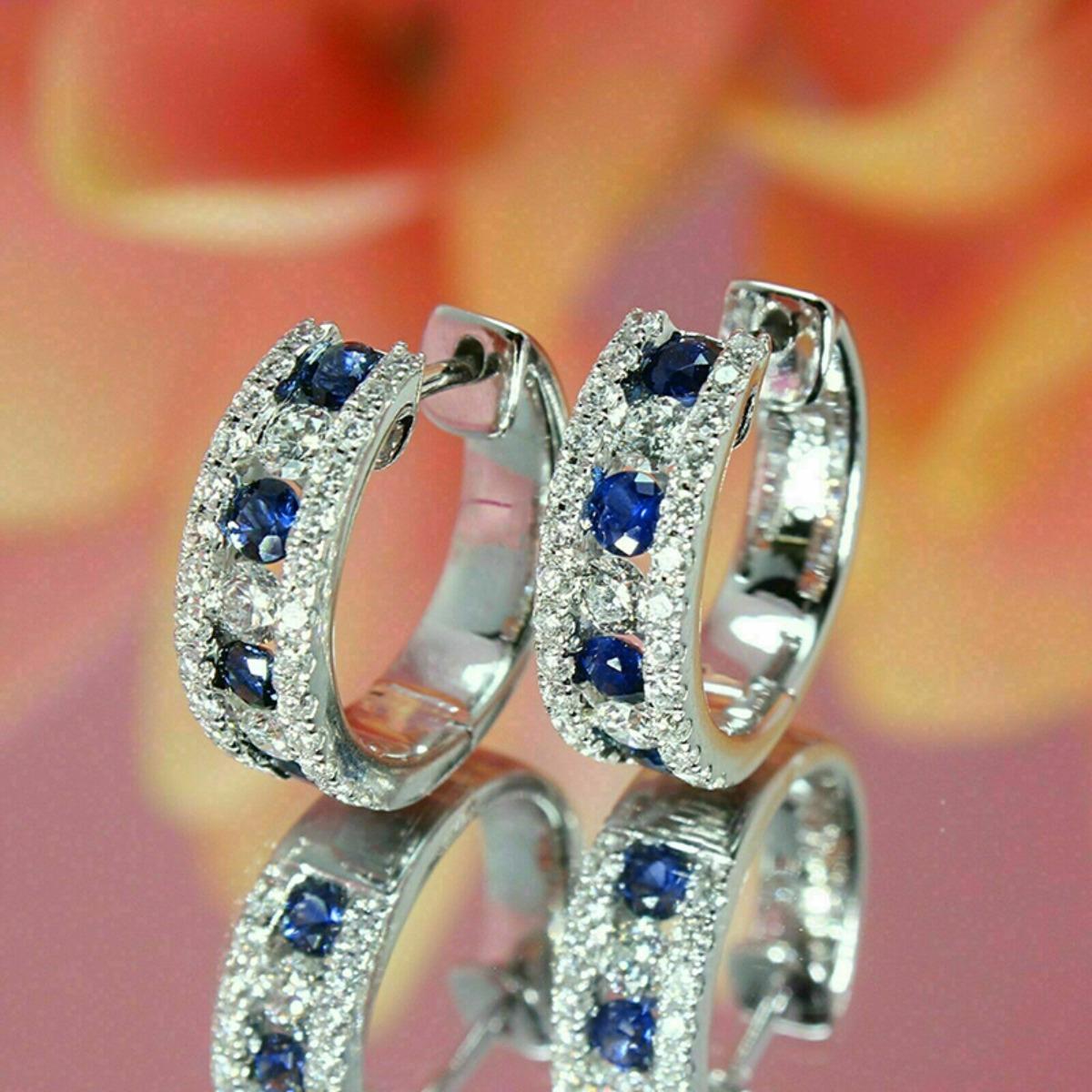 Two Tone Blue and Clear Stone Huggie Hoop Earrings Elegant Pave Set Design Women Jewelry