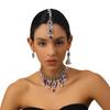 Indian Style Rhinestone Gemstone Three-Piece Set: Oval Necklace, Earrings & Headwear