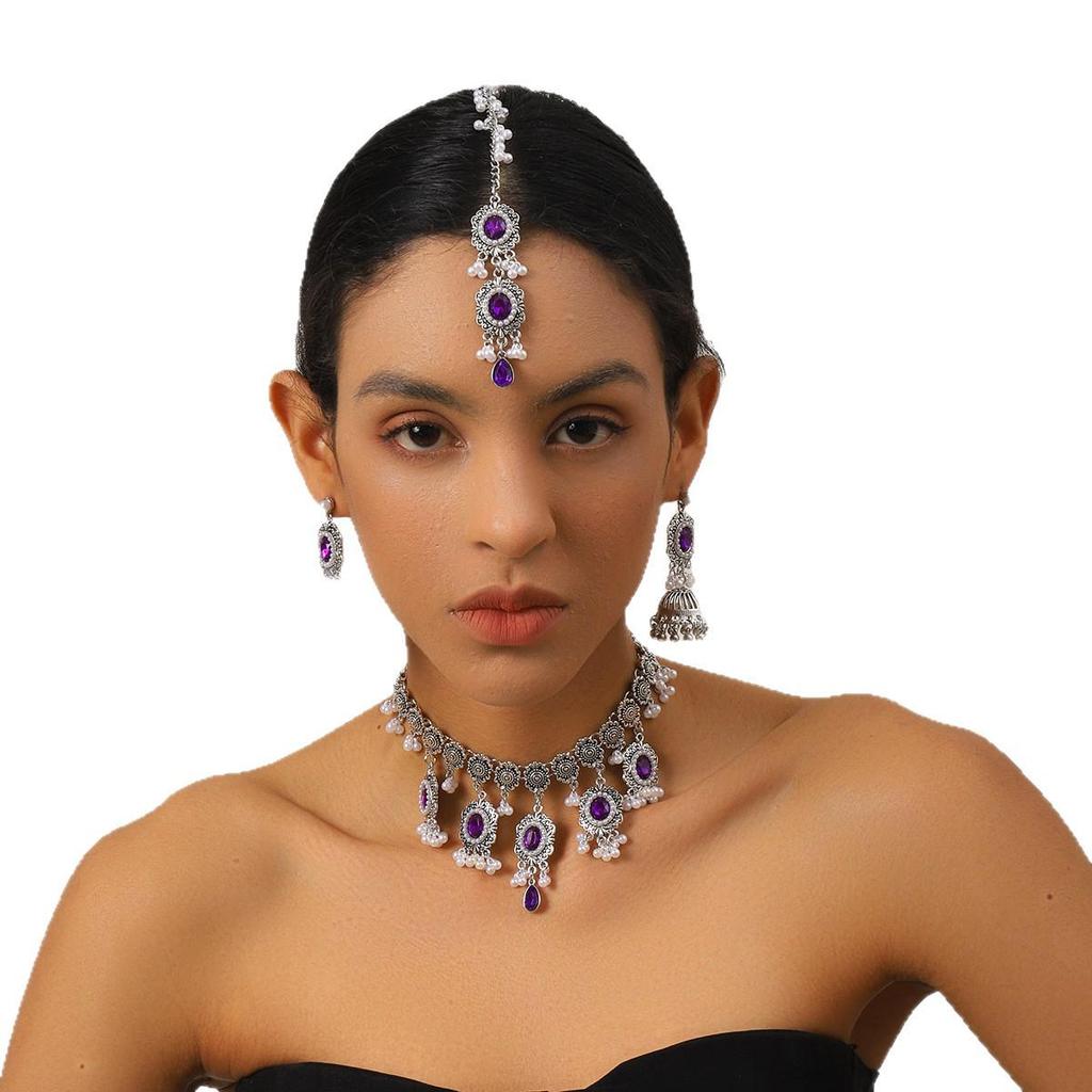 Indian Style Rhinestone Gemstone Three-Piece Set: Oval Necklace, Earrings & Headwear