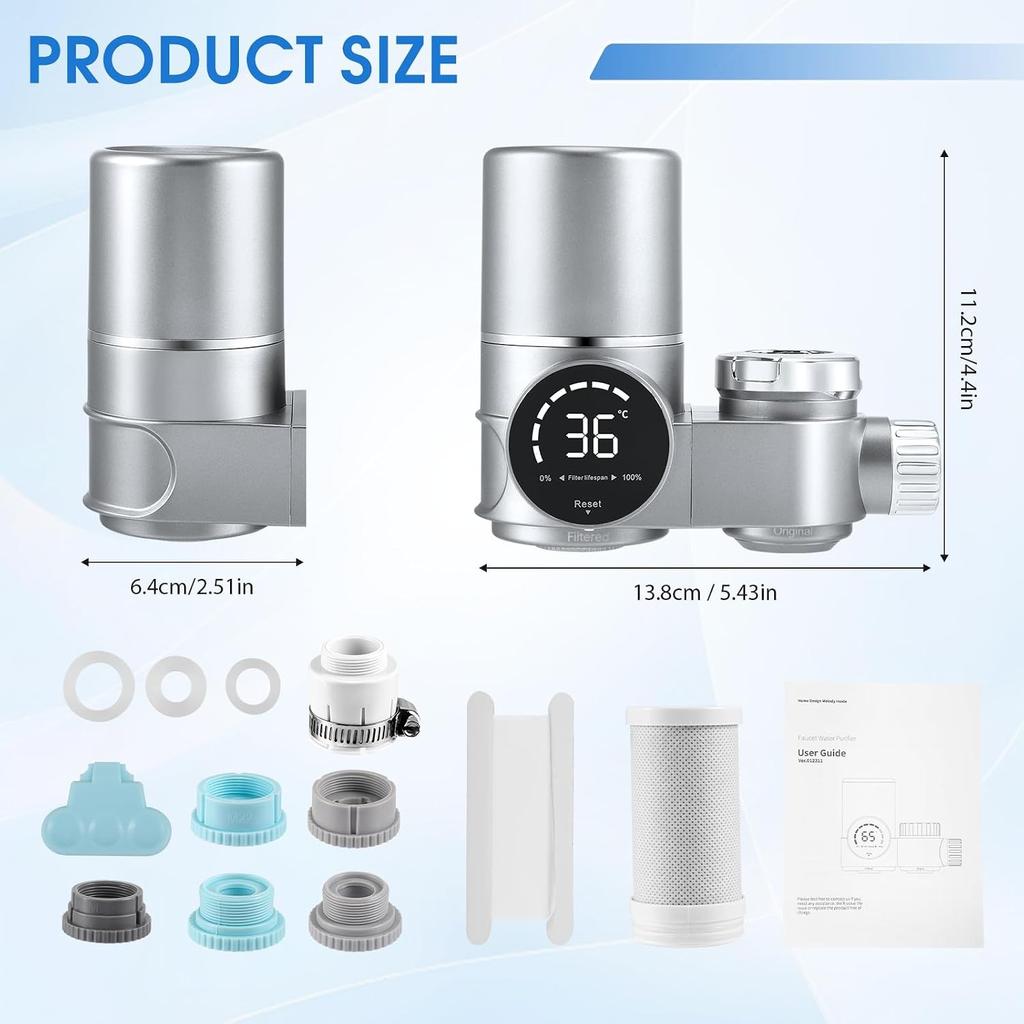 Water Filter Tap with LED Display, Water Filter Drinking Water for Kitchen, Removes Chlorine, Heavy Metals and Bad Taste, Limescale Filter