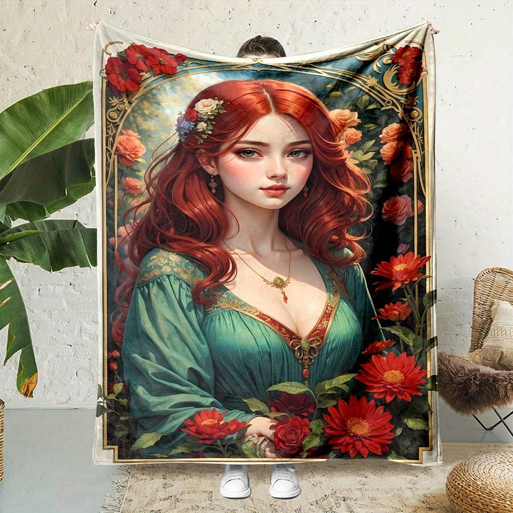 Reversible Flannel Throw Blanket with Elegant Red-Haired Woman in Rose Window Design, Soft Polyester, All-Season Comfort 75X95CM
