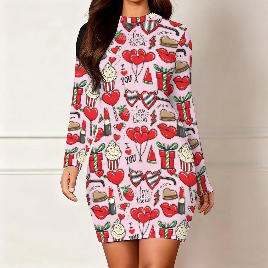 Nova Moda Feminina Outono e Inverno 2025 Vestido Longo de Manga Comprida com Gola Redonda e Estampa e Tingimento com Padrão de Amor 3D Edição Limitada Dia dos Namorados