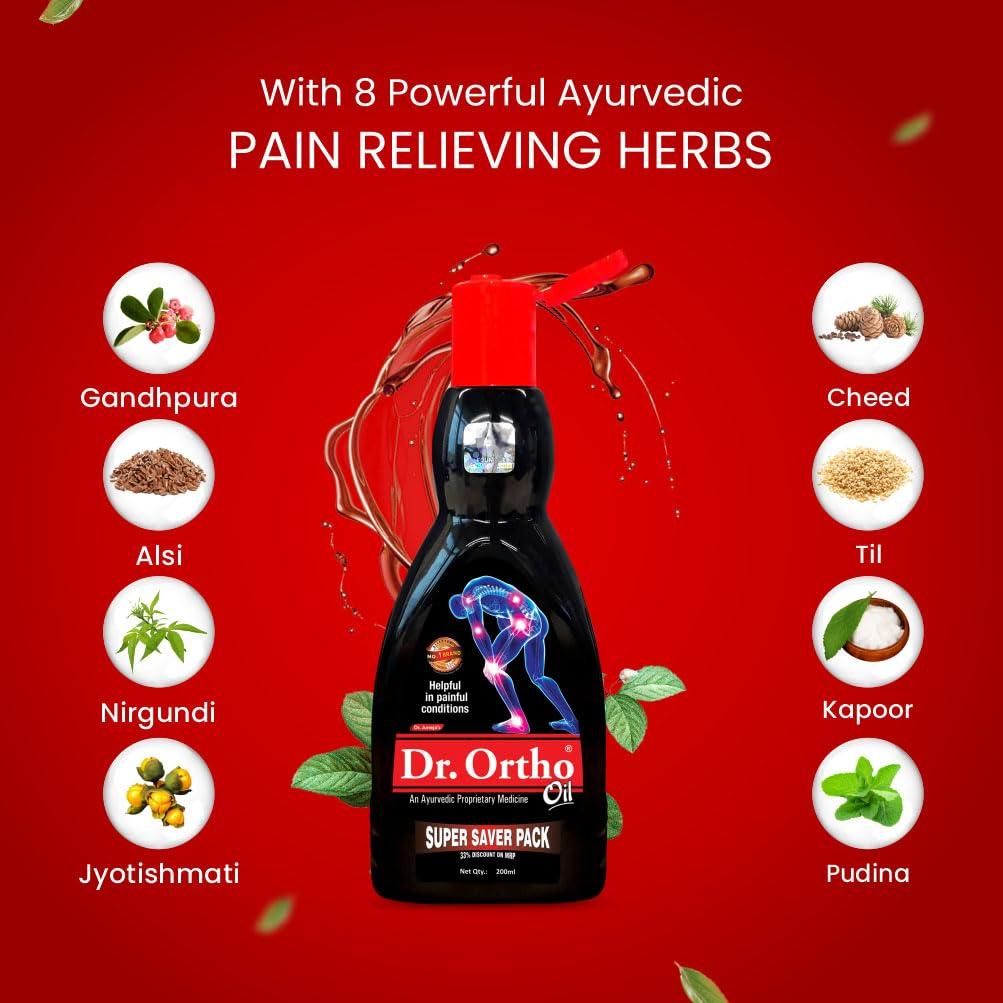 Dr.Ortho Ayurvedic Pain Relief Oil for Joints Pain, Knee & Back Pain 200ml- Super Saver Pack
