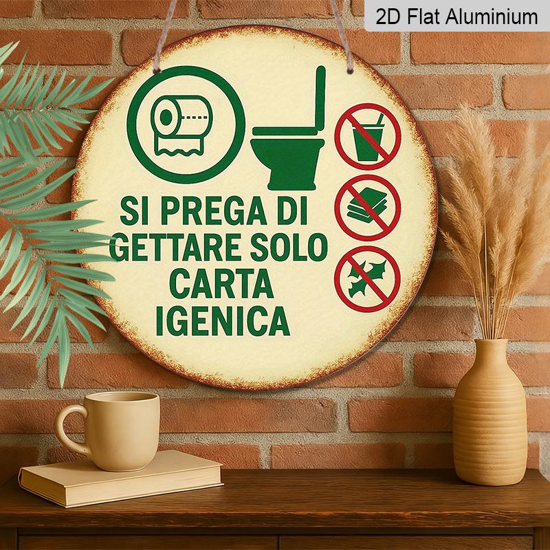 2D Flat, 1pc Round Aluminum Bathroom Sign, Italian "Si Prega Di Gettare Solo Carta Igenica" Quote, Vintage Distressed Design with Toilet & Waste