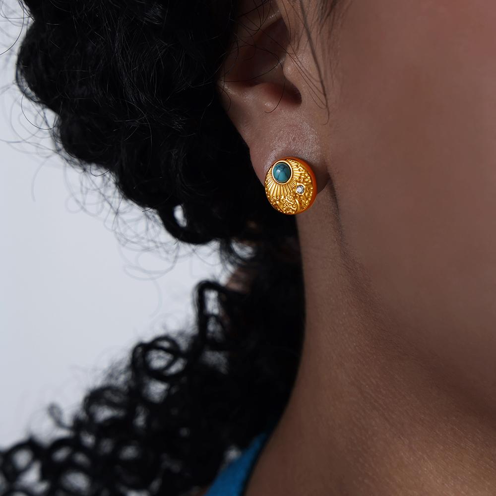 French Earrings Personalized Turquoise Inlaid Zircon Earrings Geometric Temperament Niche Hong Kong Style Girls Jewelry