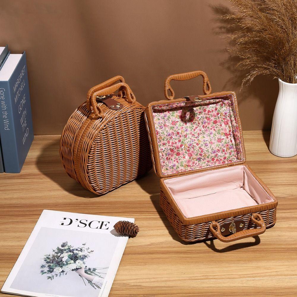 Handmade Travel Suitcase Vintage Picnic Basket Cosmetic Sundries Organizer Gift Box  Makeup