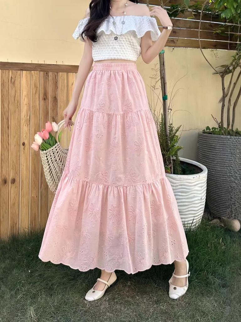 Women's White Embroidered A-line Cake Skirt for Autumn/Winter