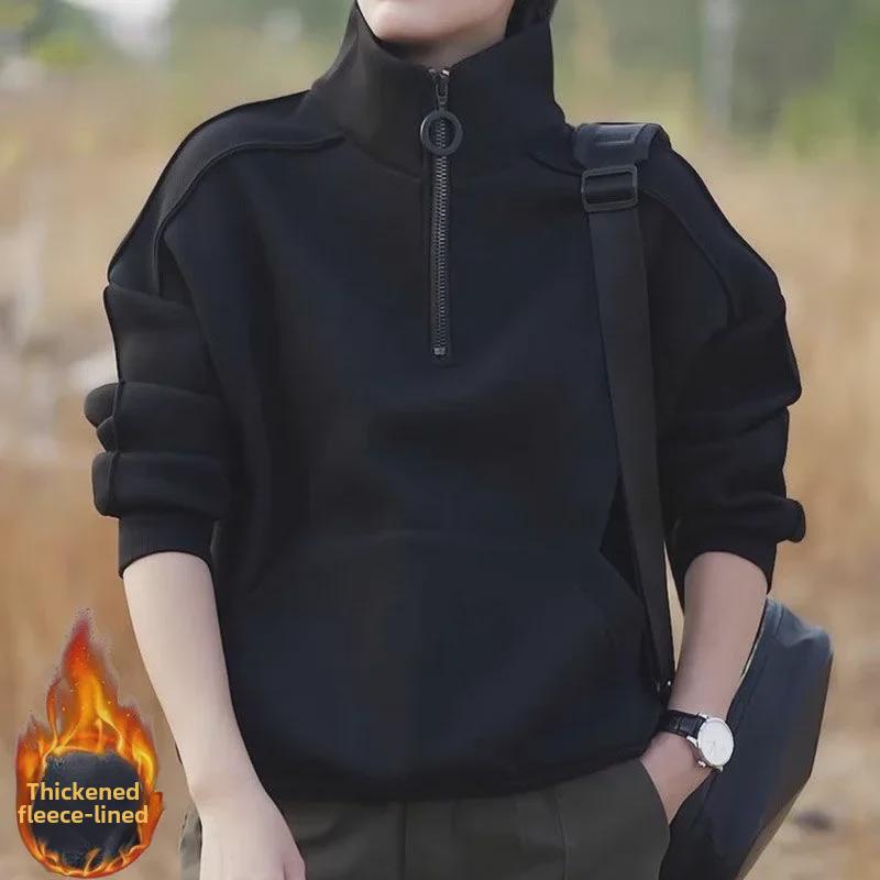 Men's Versatile Loose-Fit Zipper Half Turtleneck Sweatshirt and Velvet Suit - Korean Style for Spring, Autumn, Winter.