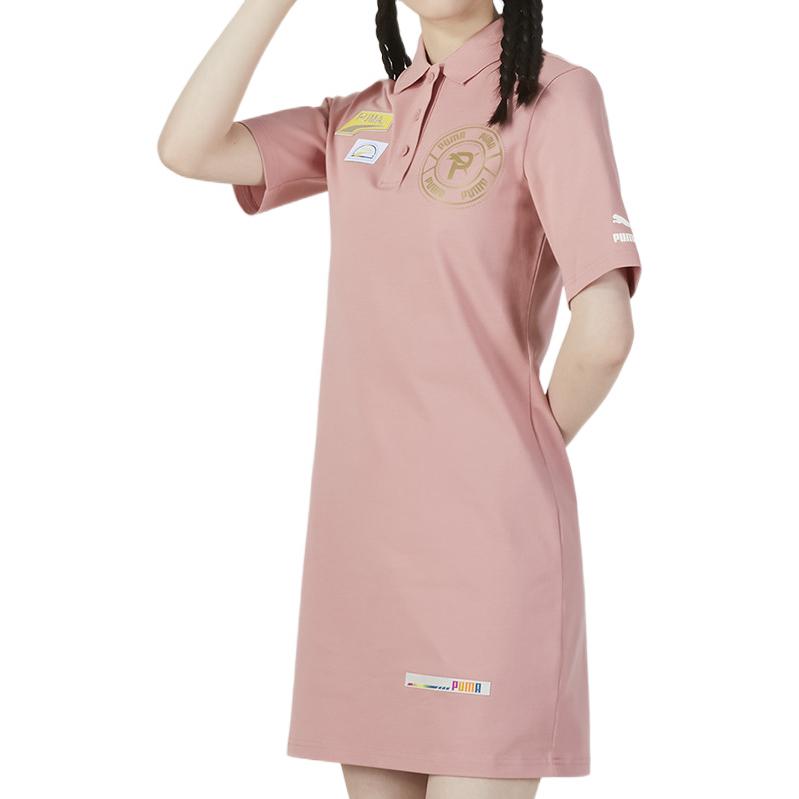 Puma Solid Color Badge Breathable Polo Collar Short Sleeve Dress Women Dresses Pink 537042-24