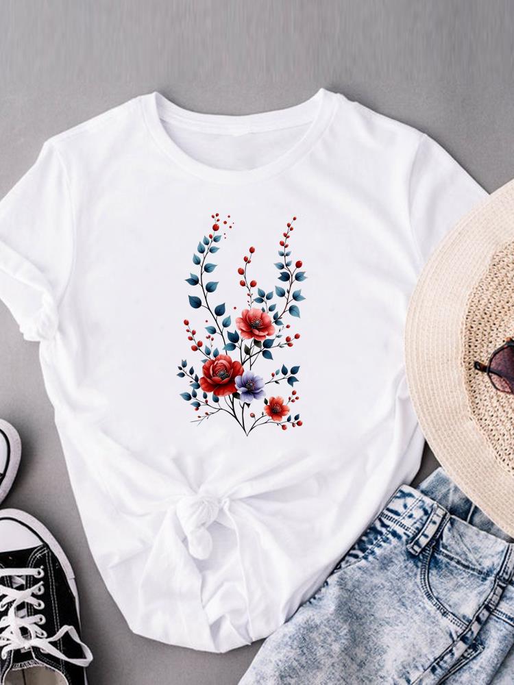(Asian Size) flower sweet floral Women's Clothing Print Short Sleeve T-shirts Fashion Female Casual Top T O-neck Graphic Tee