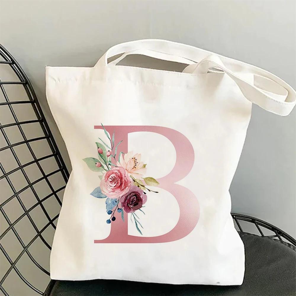 Blumen Alphabet A-Z Damen Einkaufs-Tragetaschen Canvas Große Kapazität Studenten Toilettenartikel Organizer Lässige Tragetasche Buchstaben-Taschen Geschenk