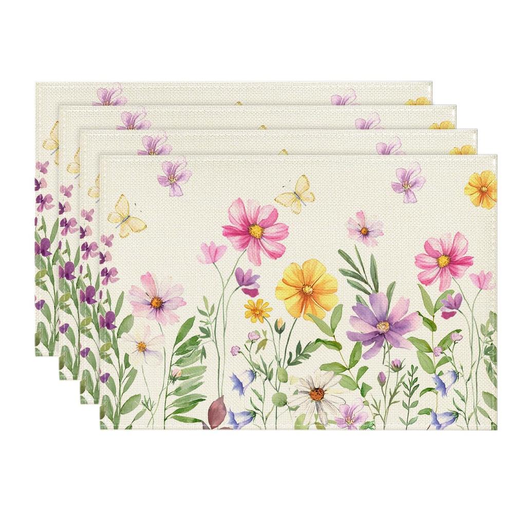 Floral Butterfly Summer Placemats Set of 4, 12x18 Inch Seasonal Spring Placemats for Party Kitchen Dining Summer Decoration
