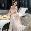 New Chinese-style Fake Two-piece Streamer Smudged Mesh Backless Suspender Dress Women's Morning Robe Vacation Style Seaside Long Skirt
