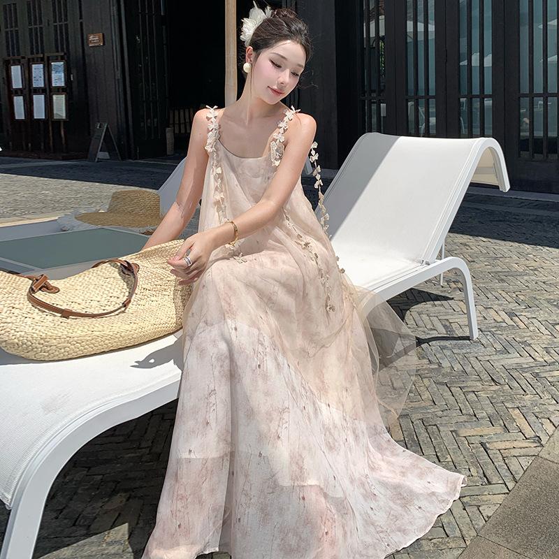 New Chinese-style Fake Two-piece Streamer Smudged Mesh Backless Suspender Dress Women's Morning Robe Vacation Style Seaside Long Skirt
