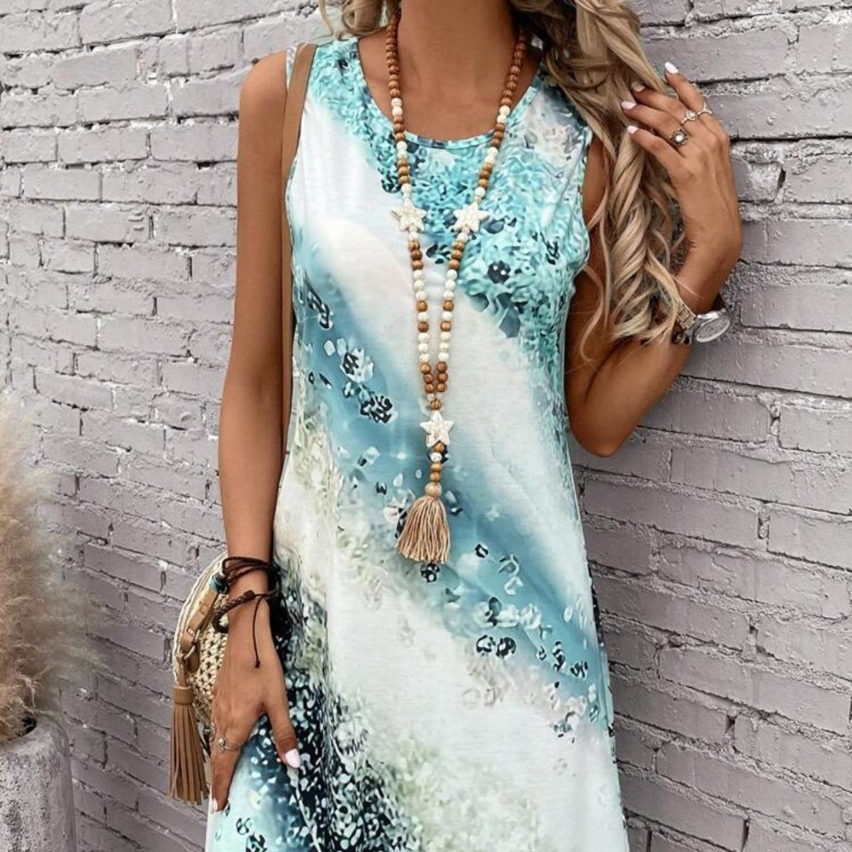 

Летние женские платья Модные печатные без рукавов с круглым вырезом и абстрактными платьями M