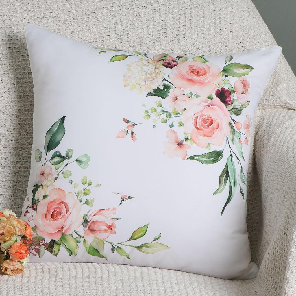 4 Pcs Double Sided Pink Rose Cushion Covers, Romantic Watercolor Floral Spring Throw Pillow Cases (No Inserts)