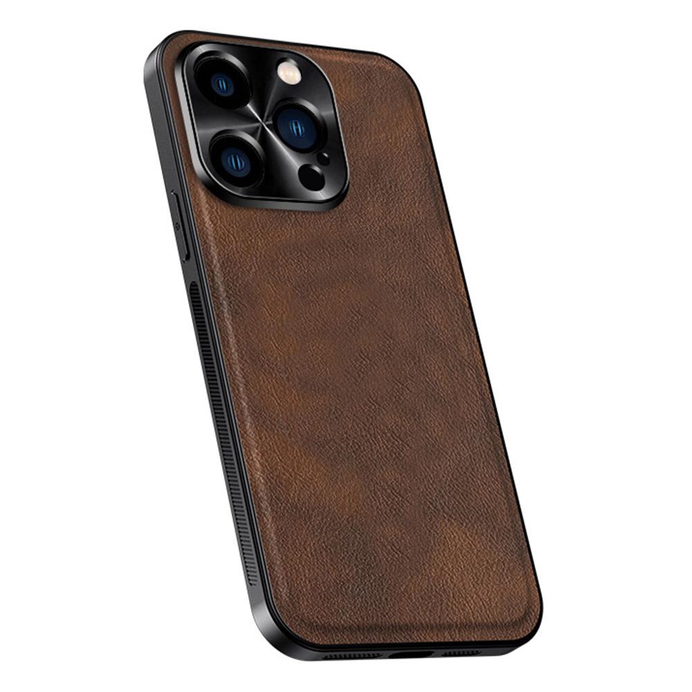 

For iPhone 15 Pro Case PU+TPU+PC Phone Back Cover with Metal Lens Frame Brown