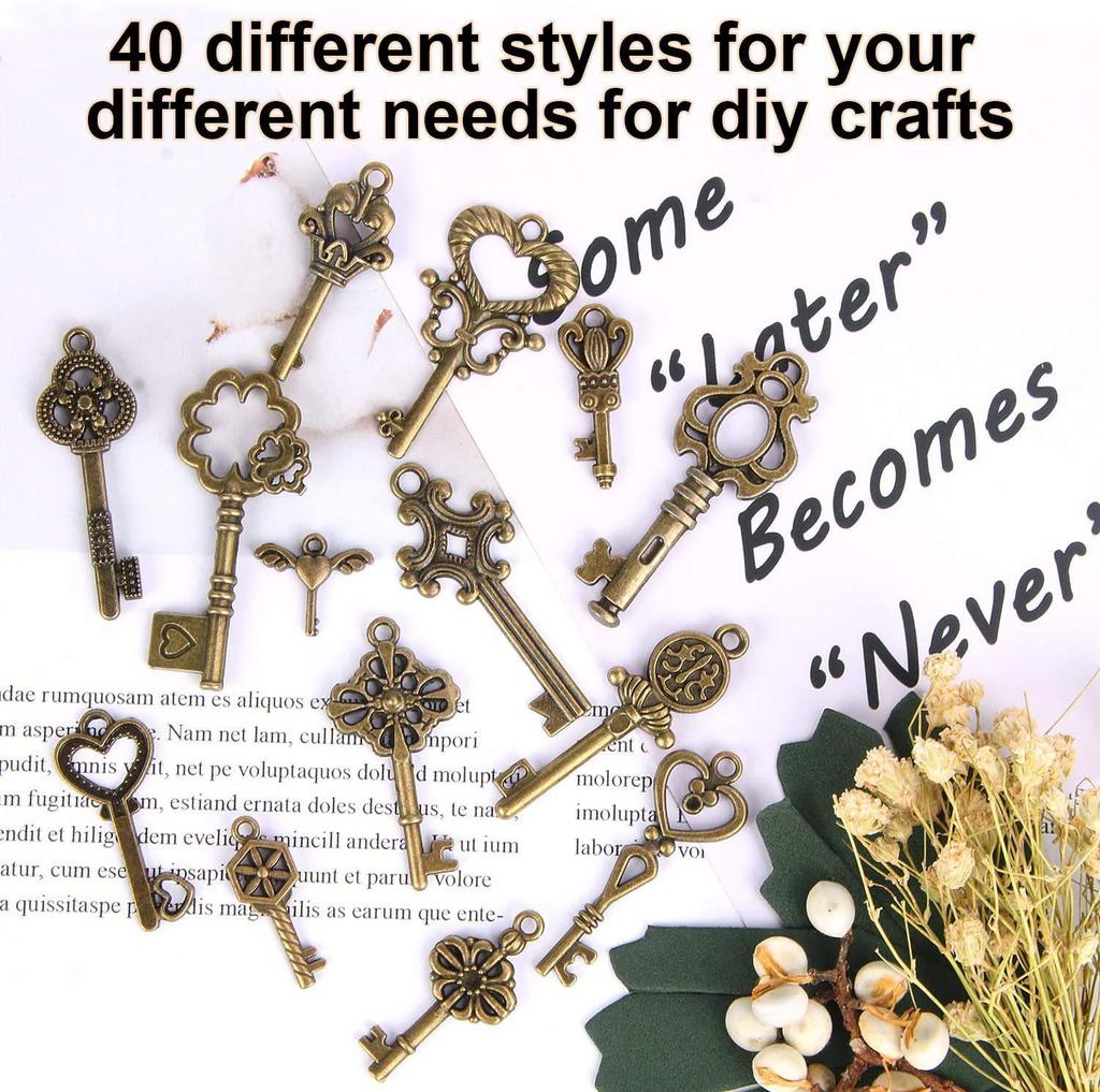 40 Vintage keys, 40 pairs of wings, 30 size crystal thread, wedding party decoration room pendant set