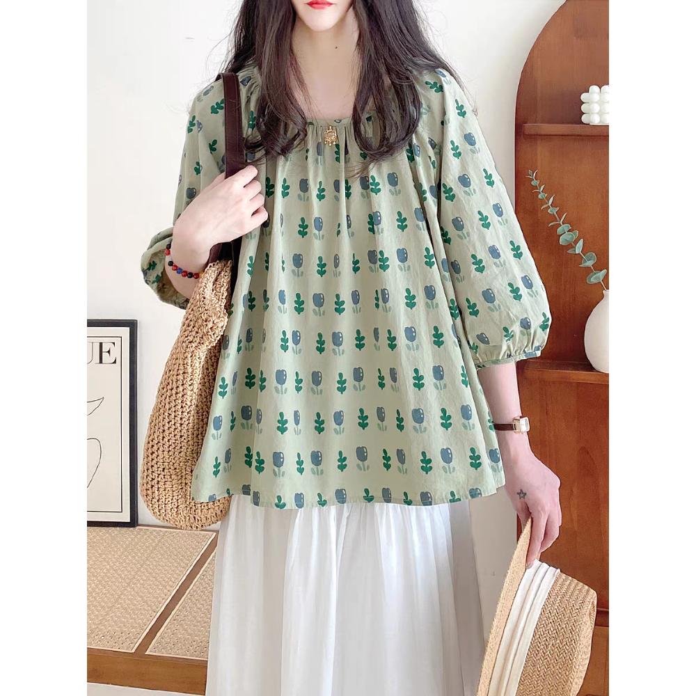 Baby Shirt Top for Women's Summer New French Sweet One-length Pullover Tulip Floral Cotton Shirt