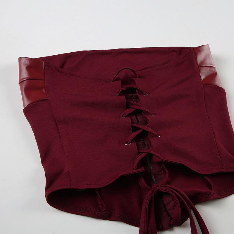 Retro Cross-Border Lace-Up Strapless Waist-Shaping Top and Hollow-Out Leather Skirt Set for Women