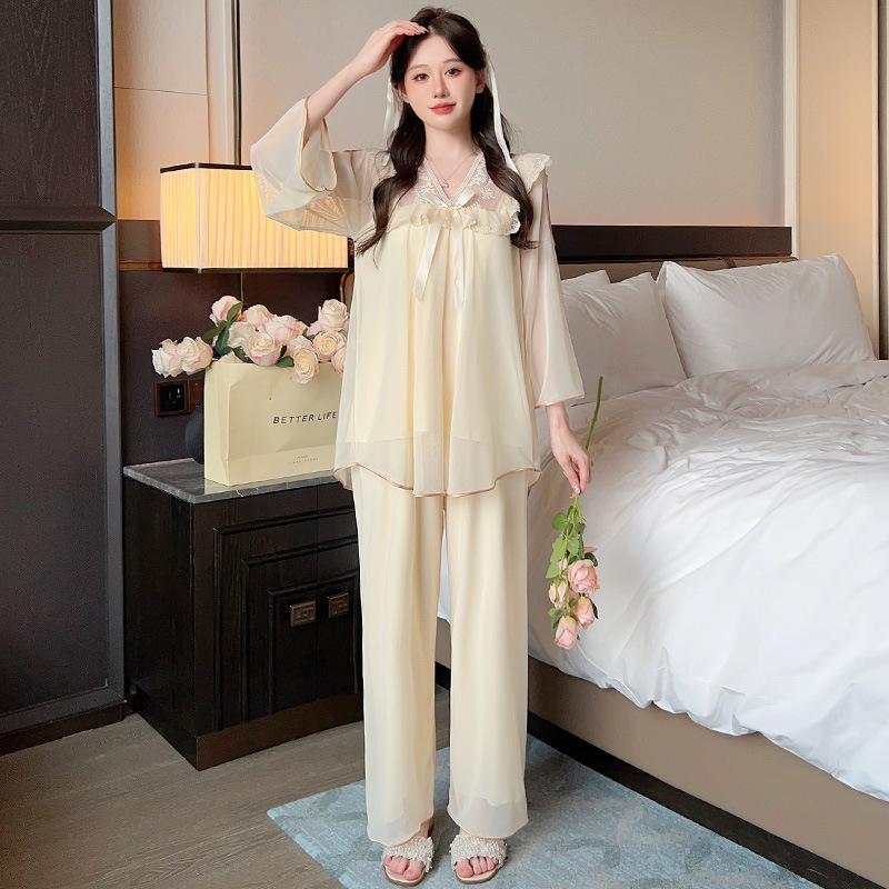 Linglei Long-Sleeved Pajamas Women'S Mesh Yarn Sweet Lace Princess Wind Trousers Set Loungewear