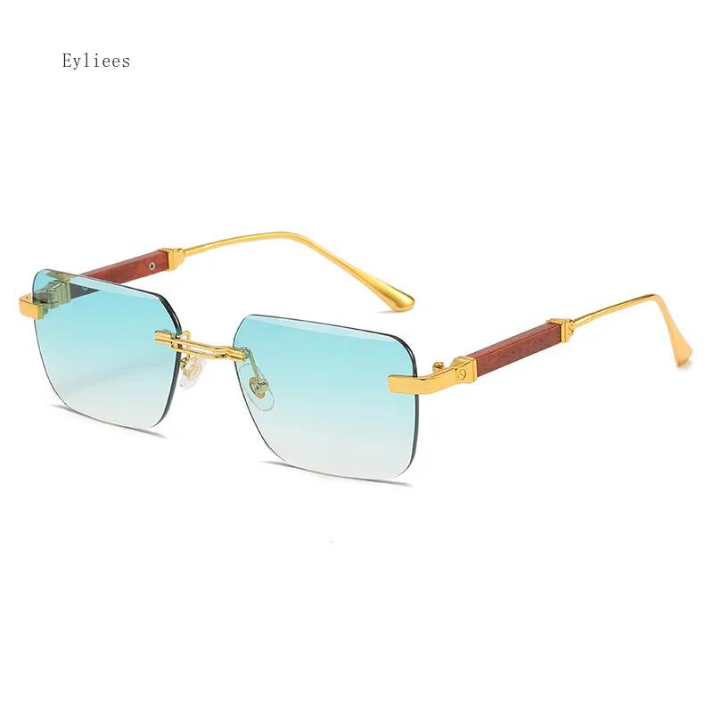 Fashion Rectangle Rimless Sunglasses for Women Square Vintage Luxury Design Retro Wooden Frame Gradient UV400 Sun Glasses