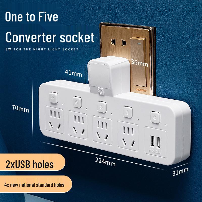 Multi-Outlet Power Strip with USB, Wireless Converter, Night Light, and Individual Switches for Home Office