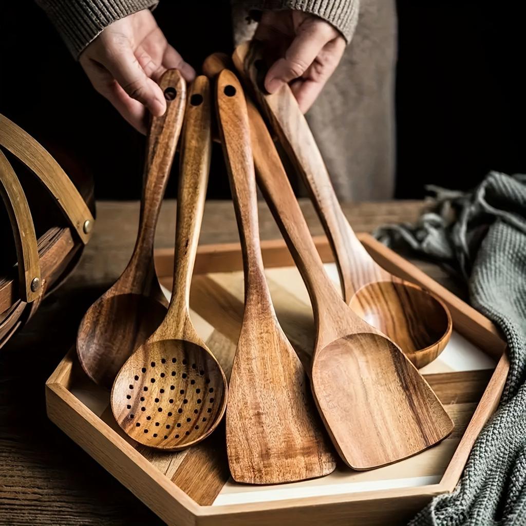 5pcs Wooden Kitchen Utensils Set, Wooden Spoons Natural Spurtle Set for Non-stick Pan, Kitchen Ladle and Wok Spatulas