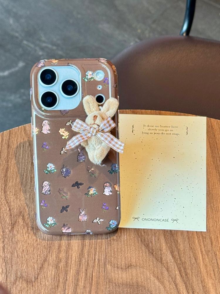 Kawaii Bunny Pattern with Plush Rabbit Charm Cute & Unique Phone Case for iPhone 17 16 15 14 11 12 13 Pro Max Plus Back Cover
