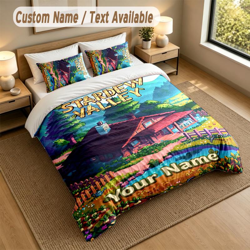 3Pcs Bedding Set Custom Name Text, 1 Sheet 2 Pillowcases Home Bed DecorStardew Valley