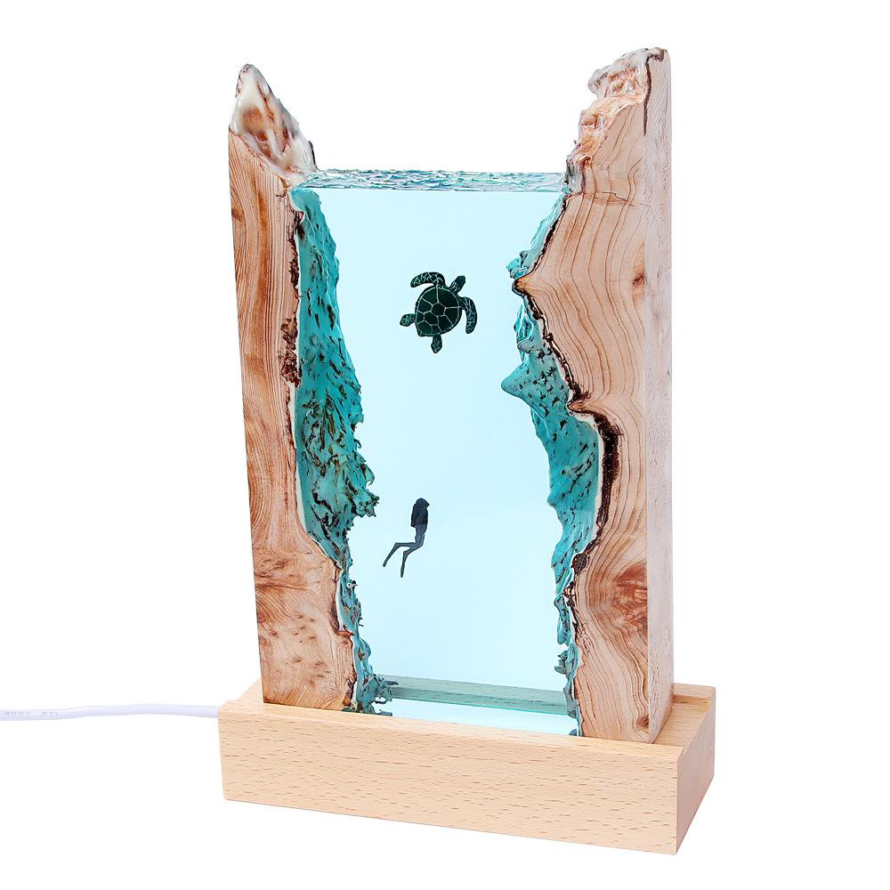 Handmade Solid Wood & Resin Sea Turtle Cube Night Light, Ocean Animal Desk Lamp, Bedroom Office Home Decor Art Craft Gift