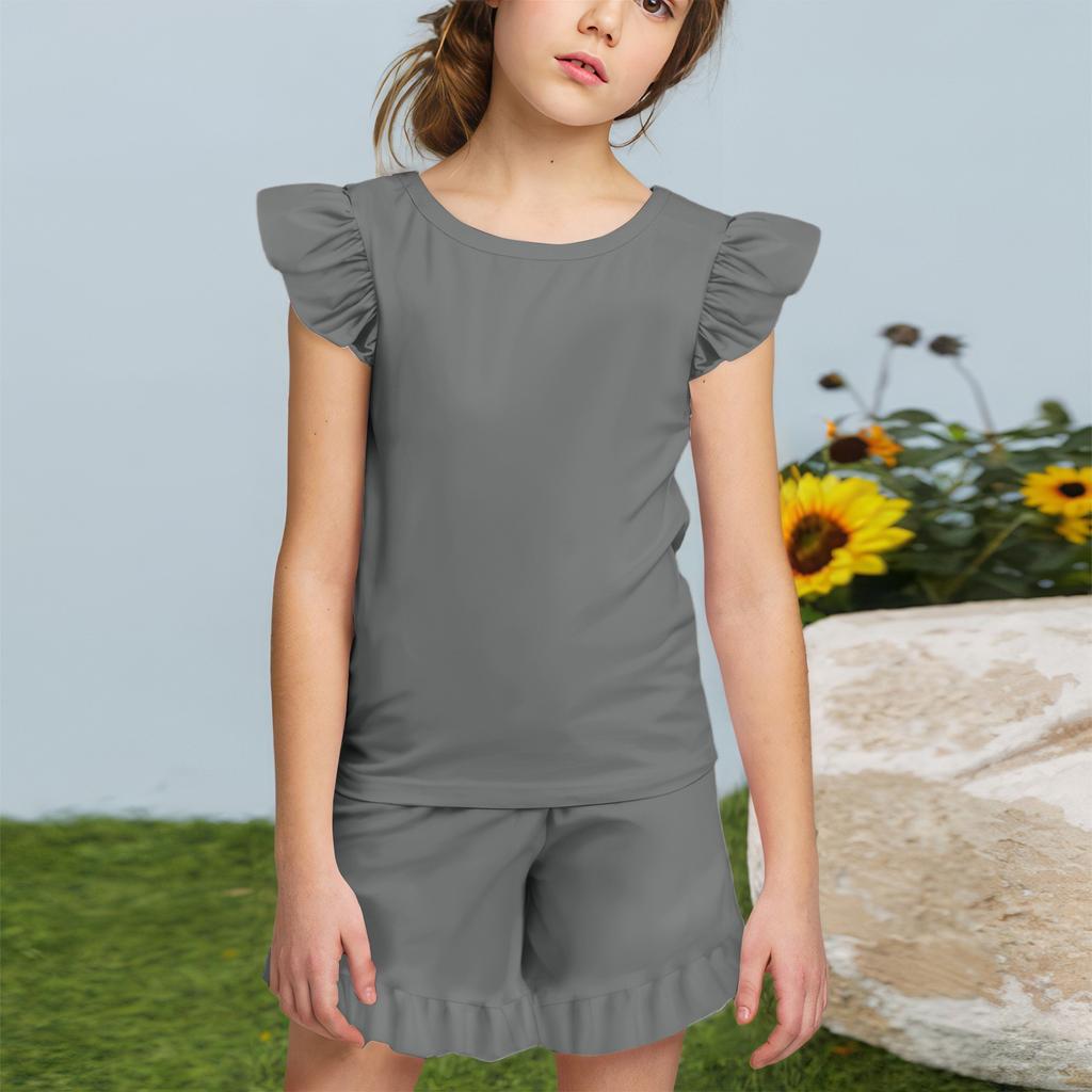 Summer Girls Cute Suit Flying Sleeves T-shirt Top + Ruffled Shorts Daily Outdoor Wear Cute Casual Fashion 2-Piece Set