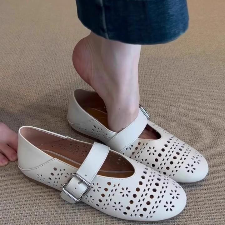 Bohemian Hollow Single Shoes Women's Gentle Hole Shoes Late Evening Breeze Grandma Shoes Leather Flat-soled French Mary Jane Shoes