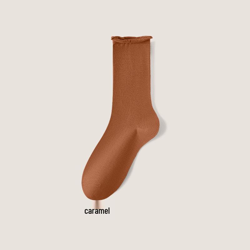 Women's Mid-Calf Cotton Socks: Spring/Autumn Style, Solid Color, Rolled Cuff, Loose Fit, Breathable, Sweat-Absorbent.