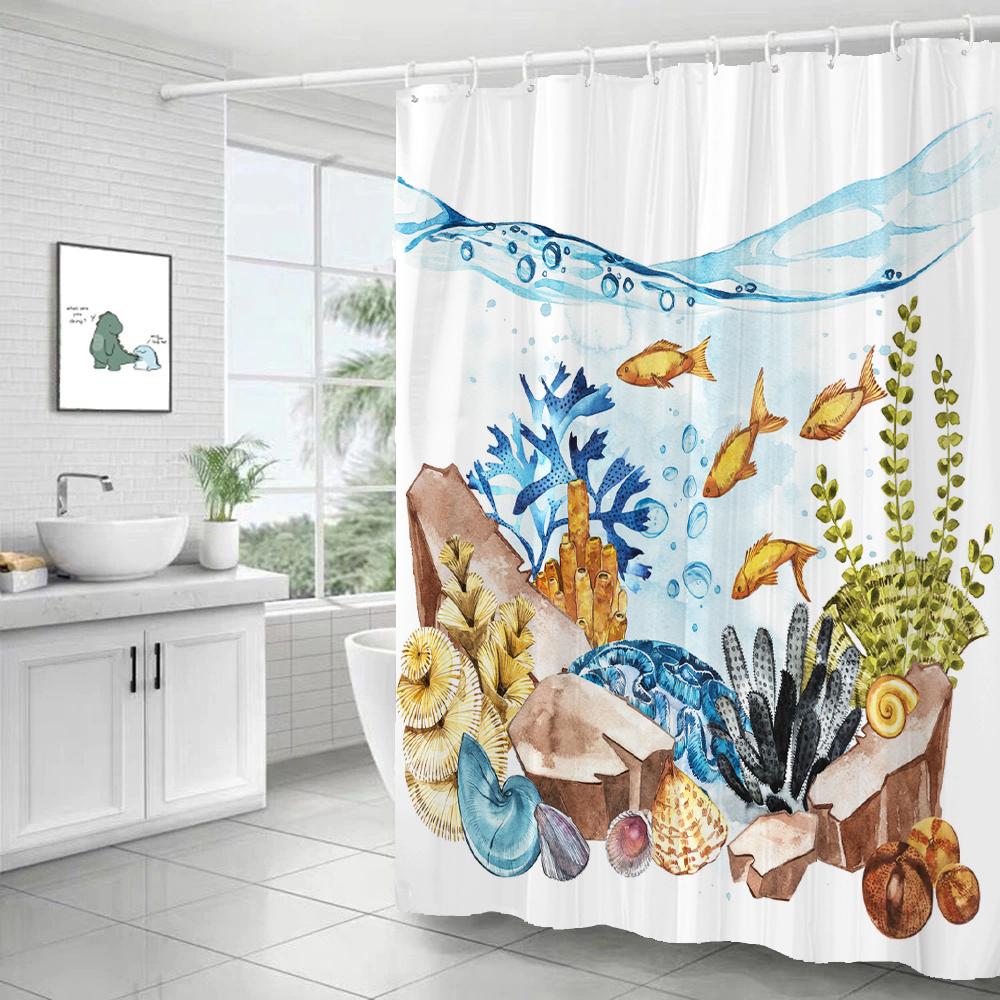 Dolphin Shower Curtain Blue Underwater World Marine Life Polyester Fabric Kids Ocean Theme Bathroom Curtain Decor with Hooks