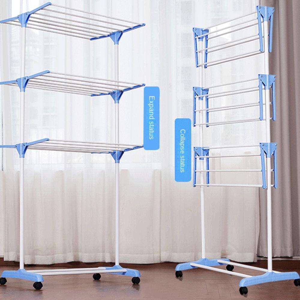 Folding Drying Clothes Rack Stainless Steel Floor Mobile Coat Storage Rack 3-Layer Household Multifunctional Towel Drying Racks