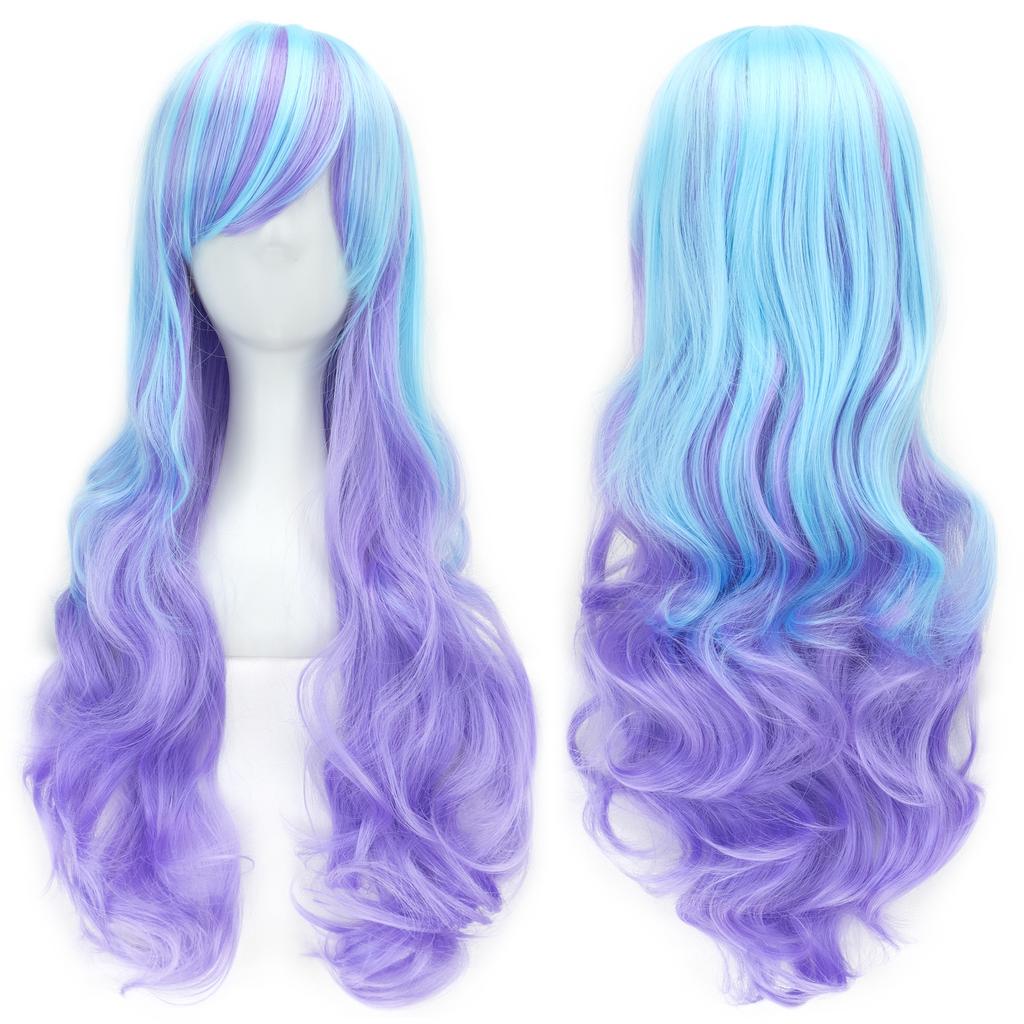 Professional White and Blue Curly Hair Cosplay Wig with Bangs Colorful Halloween Costume Party Wigs for Women