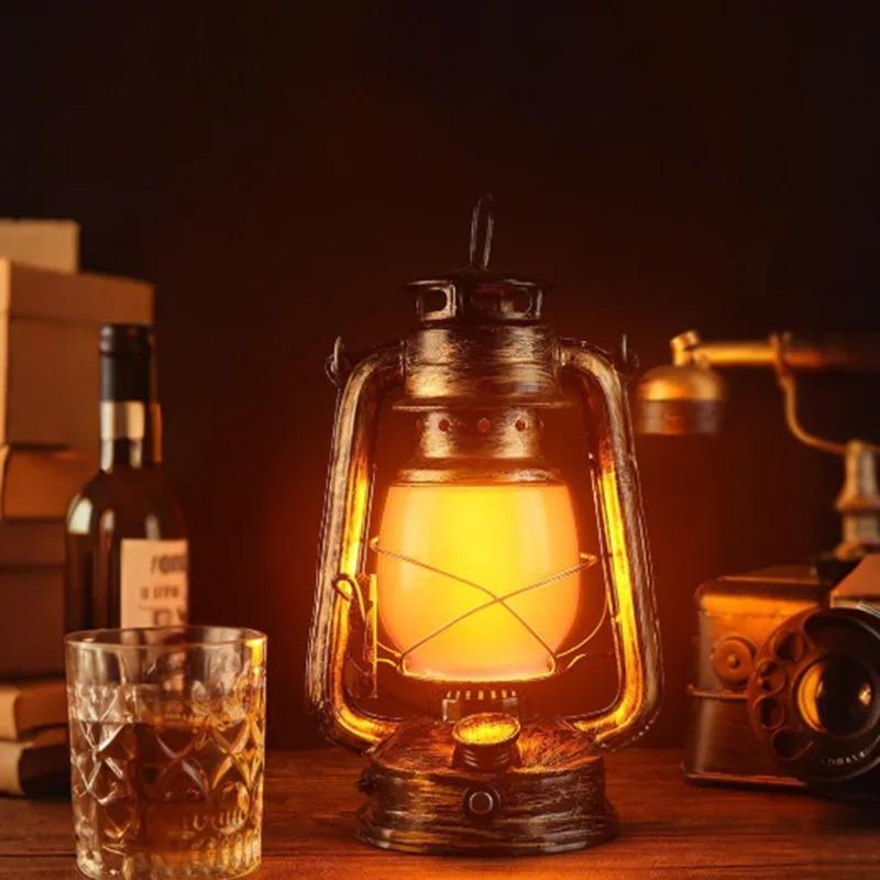 Vintage Lantern Portable Camping Light with Flame Effect USB-C Rechargeable 1200mAh Battery for Bar Restaurant Decoration