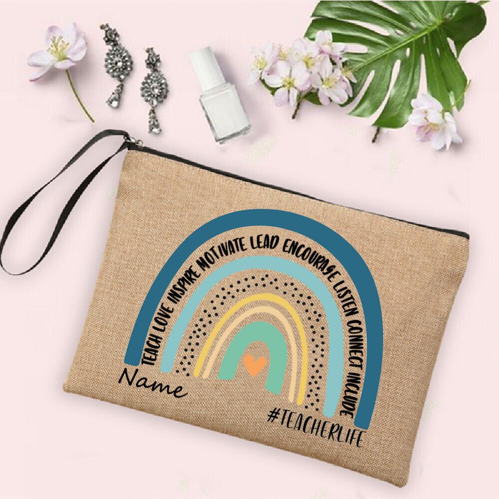 

Rainbow Teacher Pencil Case Personalized Custom Name Linen Stationery Supplies Storage Bags Travel Neceser Makeup Bag Best Gifts