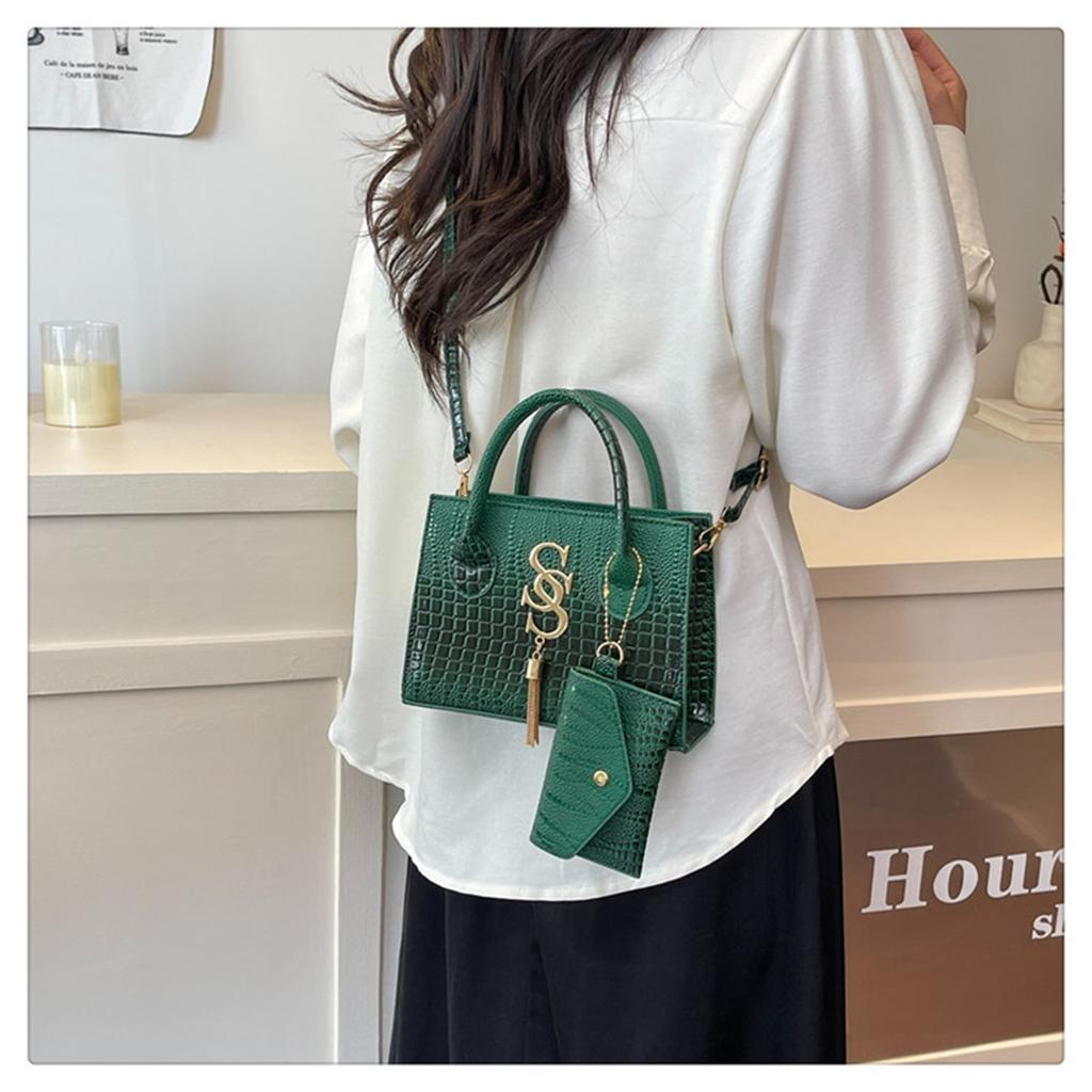 Fashion Solid Color Simple Crocodile Letters Tassel Casual Atmosphere Shoulder Handbag Bag For Women