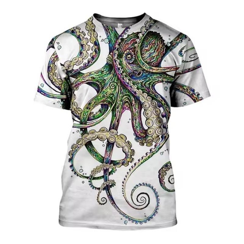 Men'S New Summer 3d Printing Hd Printed O-Collar Short Sleeve T-Shirt Ocean Octopus Art Personality Retro Plus Size Loose Top