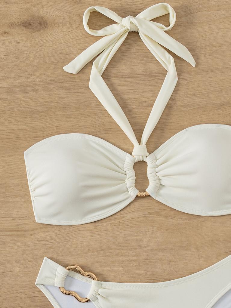 Solid Color Halter Strap Tube Top Sexy Bikini Split Swimsuit