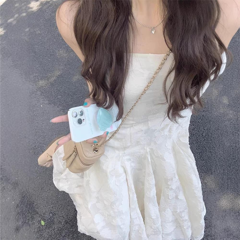 New Chinese Beige Suspender Dress Women's Summer New Small Seaside Vacation Ruffle Leaf Edge Dress