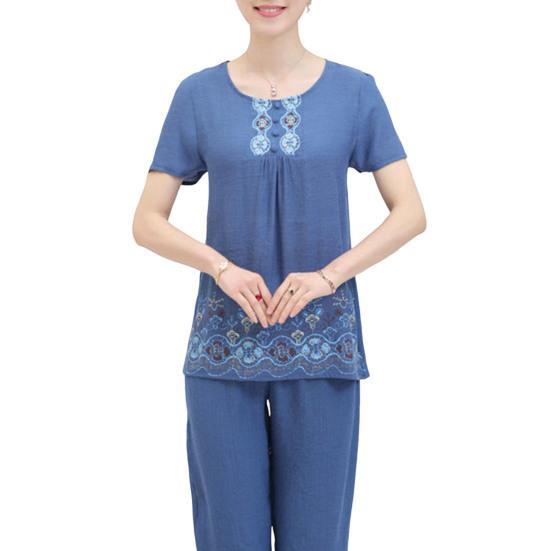 2 Pcs/Set Women T-shirt Pants Set Flower Print Round Neck Short Sleeves Elastic Waist Wide Leg Sleeping Loose Button Decor Plus Size Mom Nighty