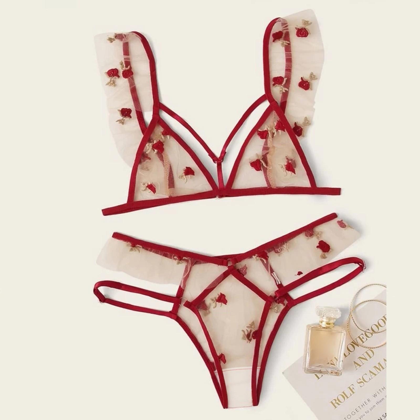 

Женский сексуальный прозрачный красный костюм из двух частей с тонкой сеткой и вышивкой