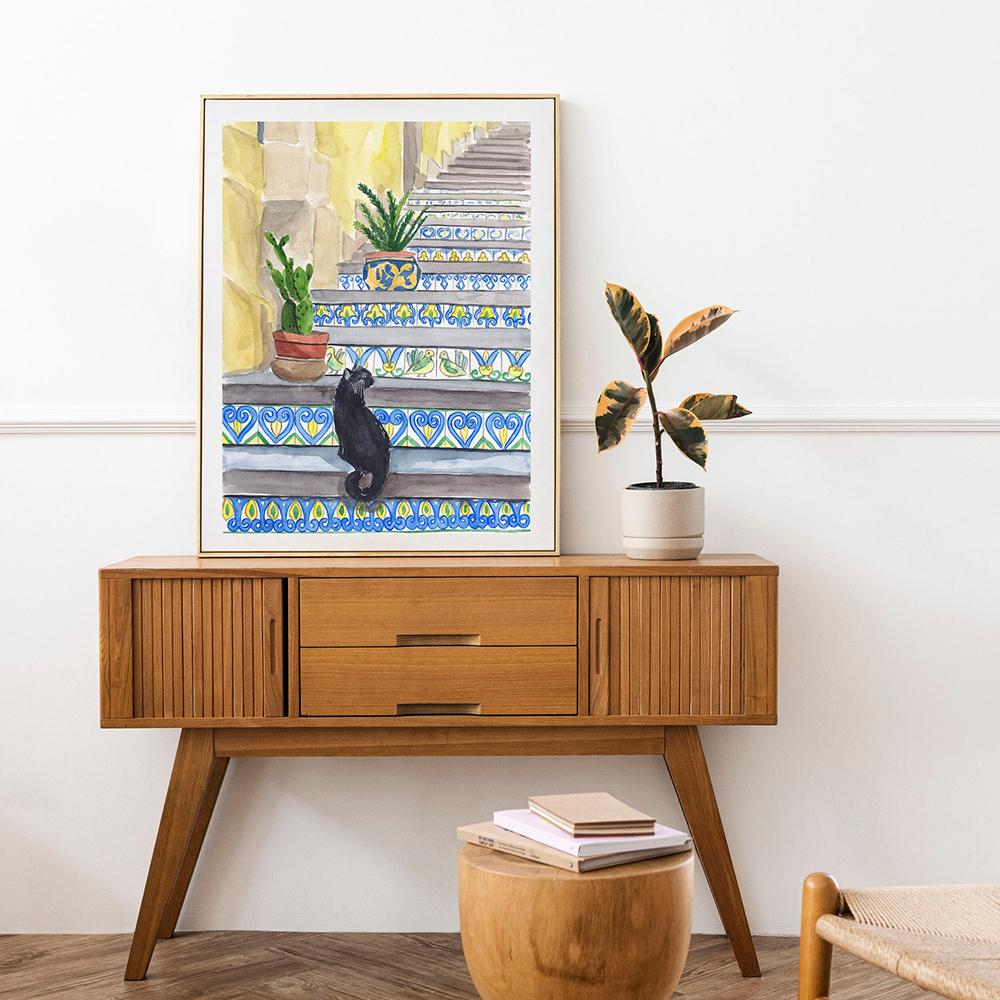 Sicília Degraus Gato Vintage Pintura em Tela Impressão Viagem Tradicional Portugal Poster Mercado de Frutas Limão Imagens Decoração Casa Quarto