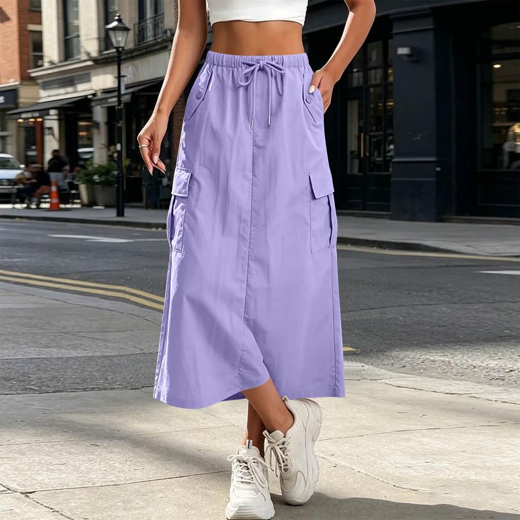 Women's High Waisted Cargo Skirt with Elastic Waist, Pockets and Slit, Color Casual Skirt for Everyday Wear