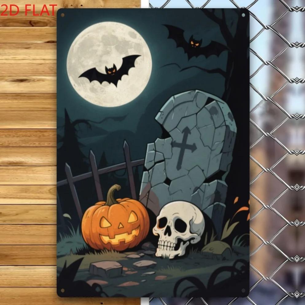 

1pc 2D Flat Vintage Gothic Halloween Metal Sign - Graveyard Scene Iron Plaque Perfect for Party/Bar & Holiday Gifts 20x30cm